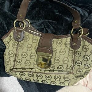 Michael Kors Brown and Cream MK Logo Shoulder Bag